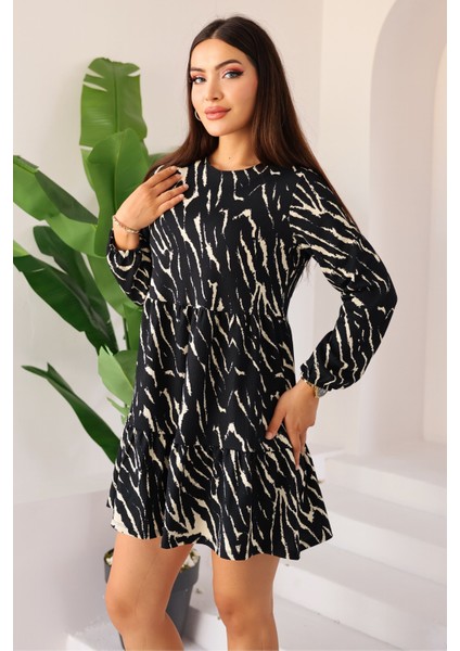Kadın Zebra Siyah Krem Desenli Uzun Kollu Mini Elbise - Kadın Elbise modelleri