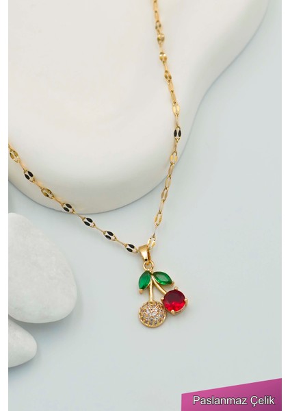 Kadın Paslanmaz Çelik Gold Zincir Kiraz Kolye