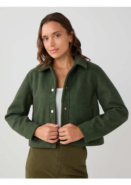 Haki Uzun Kollu Ceket Yaka Çıtçıtlı Kaşe Mont