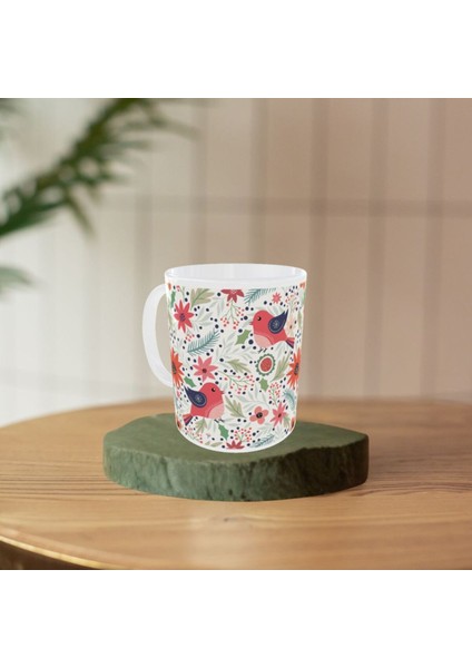 Modern Şirin Kırmızı Kuş Desenli Tasarım Kupa