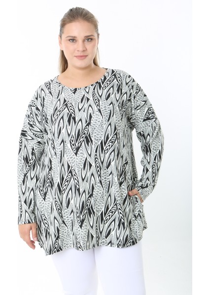 Yünlü Viskon Desenli Likralı Kadın Büyük Beden Tunik