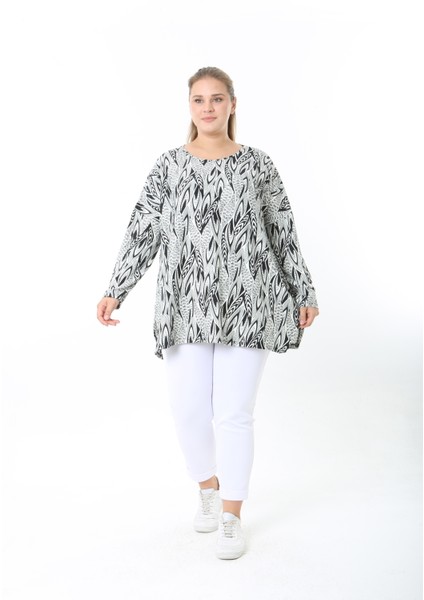 Yünlü Viskon Desenli Likralı Kadın Büyük Beden Tunik