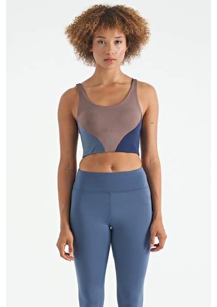 Gül Kurusu Logo Baskılı Renk Bloklu Sırt Çapraz Detaylı Dalgıç Kumaş Kadın Büstiyer - 97260