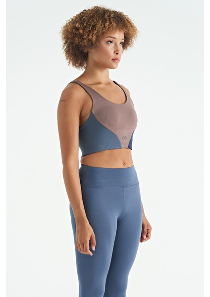 Gül Kurusu Logo Baskılı Renk Bloklu Sırt Çapraz Detaylı Dalgıç Kumaş Kadın Büstiyer - 97260