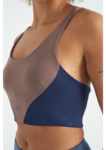 Gül Kurusu Logo Baskılı Renk Bloklu Sırt Çapraz Detaylı Dalgıç Kumaş Kadın Büstiyer - 97260