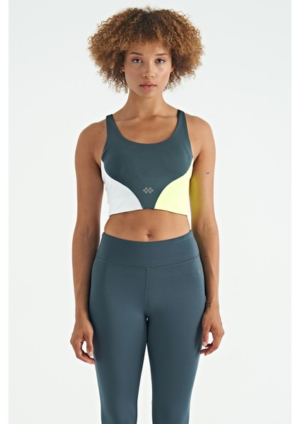 Orman Yeşili Logo Baskılı Renk Bloklu Sırt Çapraz Detaylı Dalgıç Kumaş Kadın Büstiyer - 97260