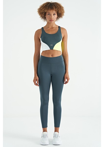 Orman Yeşili Logo Baskılı Renk Bloklu Sırt Çapraz Detaylı Dalgıç Kumaş Kadın Büstiyer - 97260