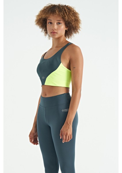 Orman Yeşili Logo Baskılı Renk Bloklu Sırt Çapraz Detaylı Dalgıç Kumaş Kadın Büstiyer - 97260