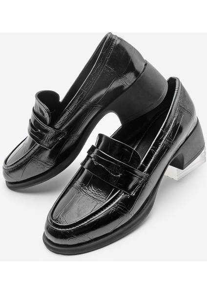 Kadın Loafer Croco Günlük Kalın Topuklu Ayakkabı Nufit Siyah