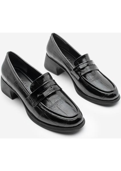 Kadın Loafer Croco Günlük Kalın Topuklu Ayakkabı Nufit Siyah indirimleri