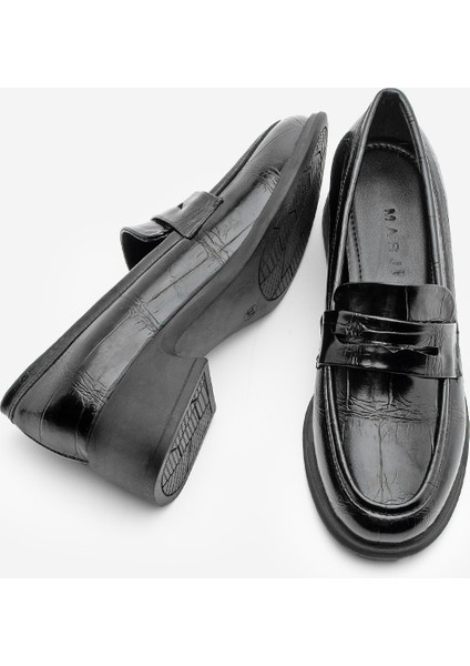 Kadın Loafer Croco Günlük Kalın Topuklu Ayakkabı Nufit Siyah