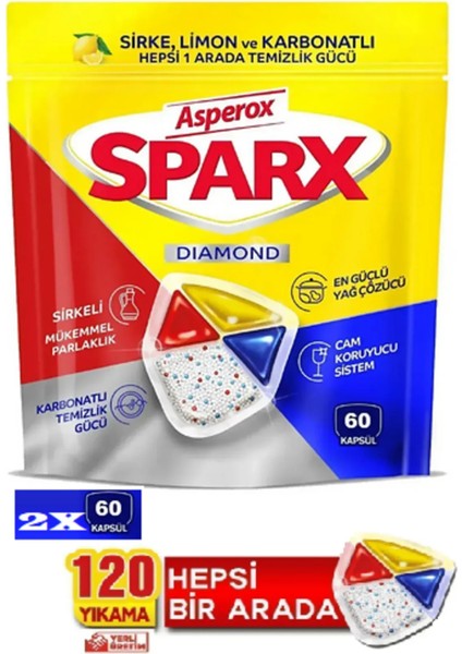 Sparx Bulaşık Makinesi Kapsülü 120 Yıkama Sirke Limon Karbonat İçerikli Güçlü Yağ Çözücü