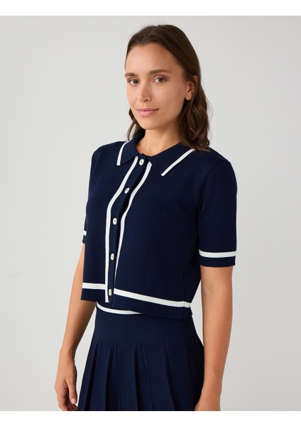 Lacivert Gömlek Yaka Dirsek Kol Triko Hırka