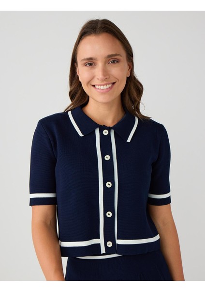 Lacivert Gömlek Yaka Dirsek Kol Triko Hırka modelleri