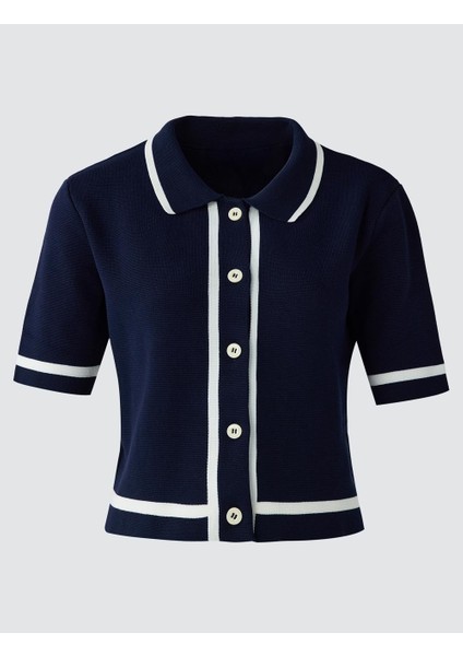 Lacivert Gömlek Yaka Dirsek Kol Triko Hırka