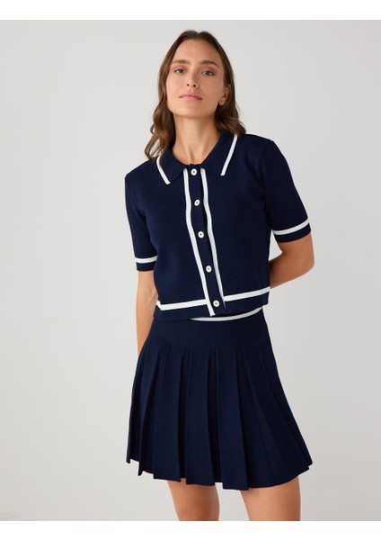 Lacivert Normal Bel Düz Kesim Piliseli Triko Mini Etek