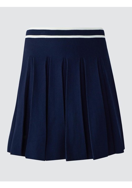 Lacivert Normal Bel Düz Kesim Piliseli Triko Mini Etek