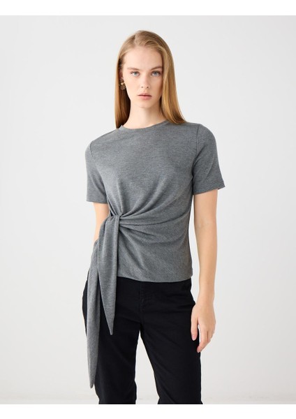 Antrasit Bisiklet Yaka Kısa Kollu Yandan Bağlamalı Tişört