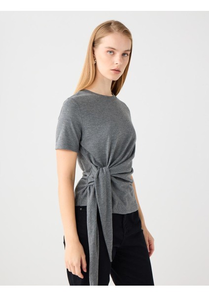 Antrasit Bisiklet Yaka Kısa Kollu Yandan Bağlamalı Tişört modelleri