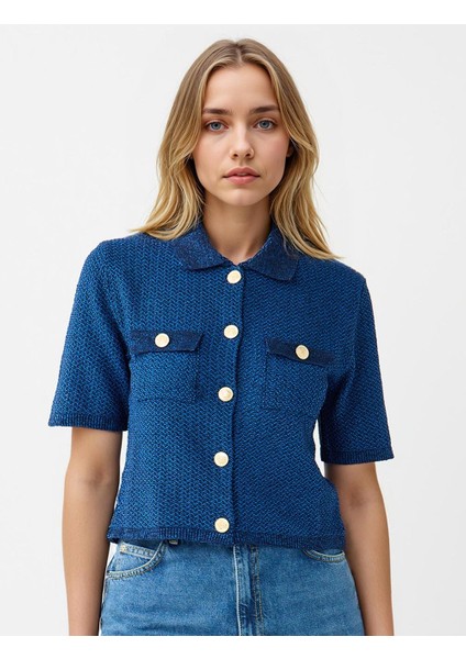 Lacivert Kısa Kollu Gömlek Yaka Triko Hırka