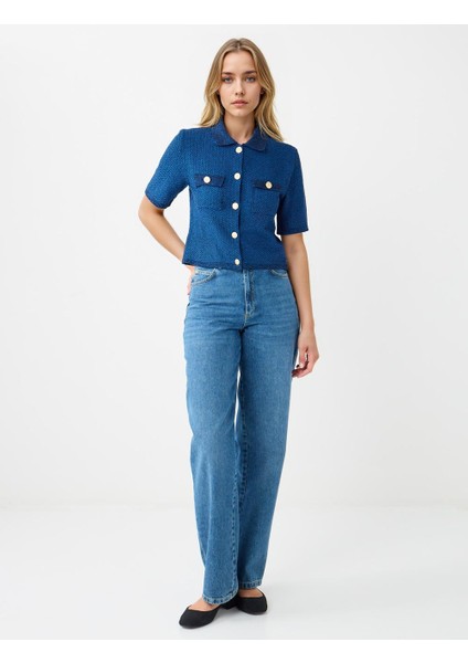 Lacivert Kısa Kollu Gömlek Yaka Triko Hırka fiyatları