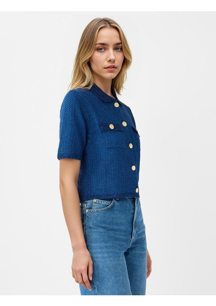 Lacivert Kısa Kollu Gömlek Yaka Triko Hırka modelleri