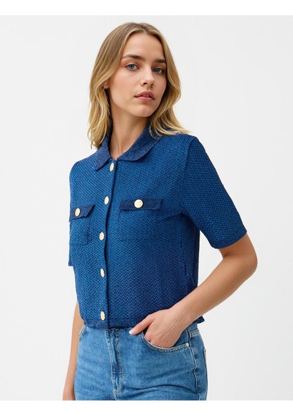 Lacivert Kısa Kollu Gömlek Yaka Triko Hırka fırsatları