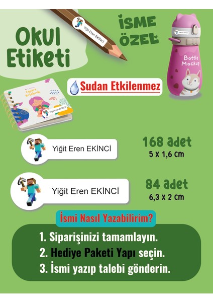 Okul Etiketi Kalem Defter Etiketi Minecraf Temalı Özel Isim Yazılabilen Etiket - 252ADET