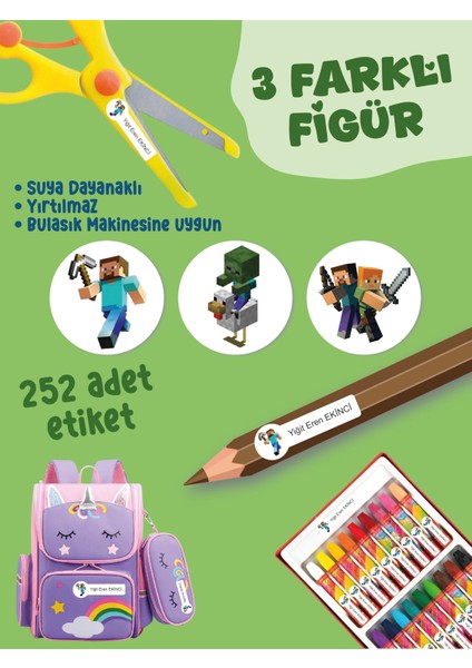 Okul Etiketi Kalem Defter Etiketi Minecraf Temalı Özel Isim Yazılabilen Etiket - 252ADET fiyatları