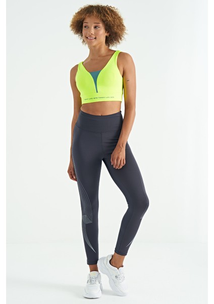 Neon Sarı Yazı Baskılı Renk Bloklu Dar Kalıp Dalgıç Kumaş Kadın Büstiyer - 97271