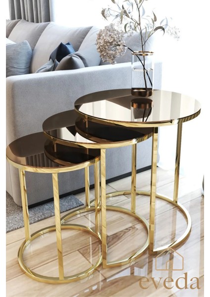 3'lü Yuvarlak C Zigon Sehpa Gold Renk Metal Ayak Bronz Ayna