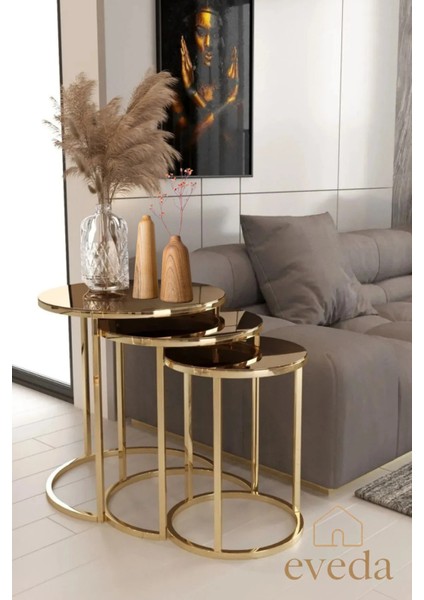 3'lü Yuvarlak C Zigon Sehpa Gold Renk Metal Ayak Bronz Ayna modelleri
