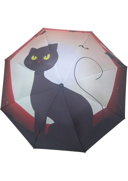 Kedi Desenli Manuel Bayan Şemsiyesi Rüzgara Dayanıklı Çanta Boy Şemsiye