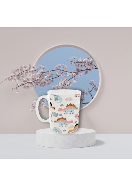 Şirin Pastel Renkli Dinazor Desenli Tasarım Kupa
