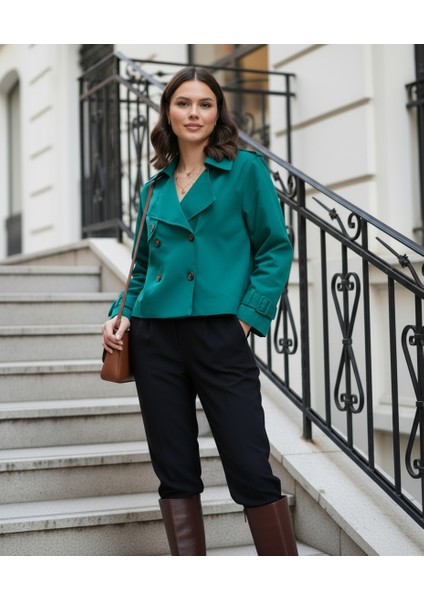 %100 Pamuk Gabardin Astarlı Oversize Geniş Kalıp Kadın Crop Kısa Trençkot 1122 modelleri