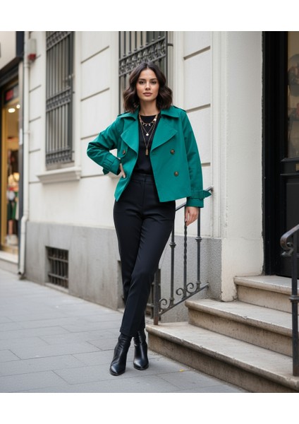 %100 Pamuk Gabardin Astarlı Oversize Geniş Kalıp Kadın Crop Kısa Trençkot 1122