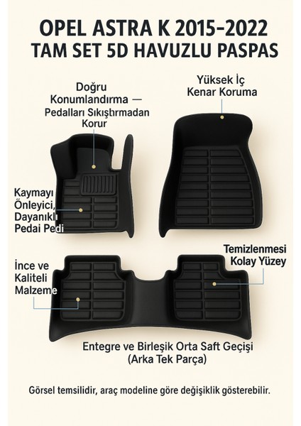 Opel Astra K 2016 5d Havuzlu Paspas Tam Set Siyah – Arka Tek Parça, Eva Dolgu, Dikişsiz Pres, Kaymaz Topukluk Pedli, Kokusuz