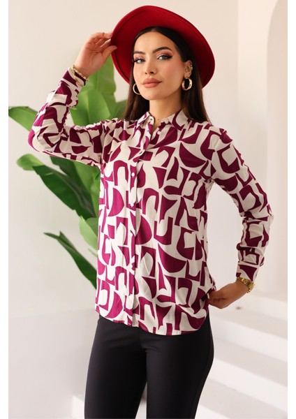 Kadın Bordo Desenli Uzun Kollu Regular Fit Uzun Kollu Gömlek, Kadın Gömlek