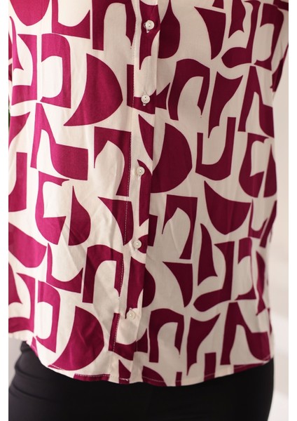 Kadın Bordo Desenli Uzun Kollu Regular Fit Uzun Kollu Gömlek, Kadın Gömlek