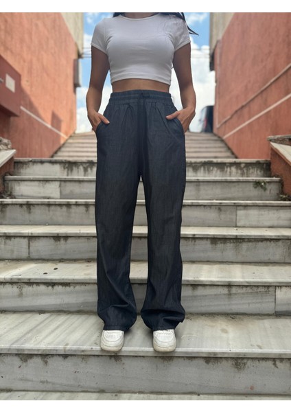 Bel Lastikli Bağcıklı Bol Paça Palazzo Yazlık Denım Pantolon