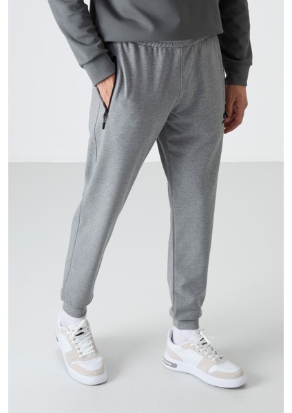 Tommy Life Gri Melanj Erkek Air Baskılı Fermuar Cepli Standart Kalıp Jogger Eşofman Alt-84587