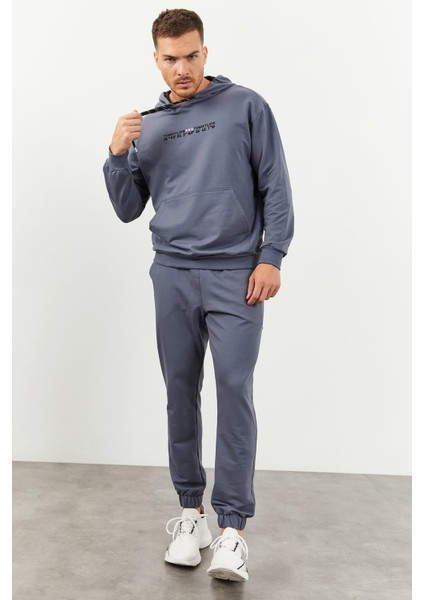 Petrol Kapüşonlu Kanguru Cep Lastik Paça Erkek Oversize Eşofman Takımı - 85117