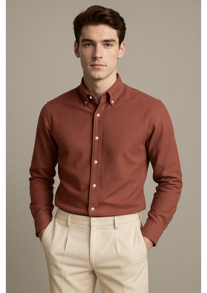 Erkek Kiremit Oxford Düğmeli Yaka Pamuk Likra Slim Fit Casual Cepsiz Gömlek