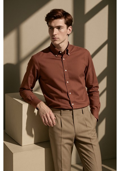 Erkek Kiremit Oxford Düğmeli Yaka Pamuk Likra Slim Fit Casual Cepsiz Gömlek fiyatları