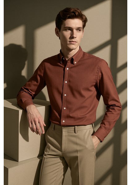Erkek Kiremit Oxford Düğmeli Yaka Pamuk Likra Slim Fit Casual Cepsiz Gömlek modelleri