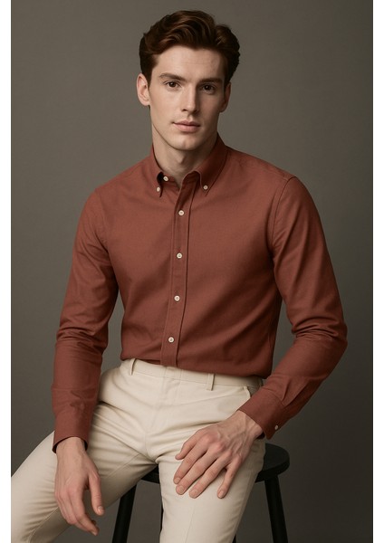 Erkek Kiremit Oxford Düğmeli Yaka Pamuk Likra Slim Fit Casual Cepsiz Gömlek fırsatları