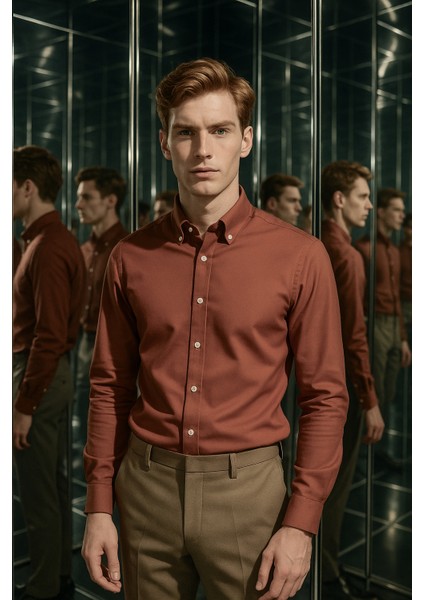 Erkek Kiremit Oxford Düğmeli Yaka Pamuk Likra Slim Fit Casual Cepsiz Gömlek indirimleri