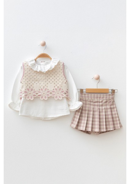 Dantel Çiçek Detaylı Bluz ve Ekose Şortlu Kız Çocuk 3 lü takım - Pembe