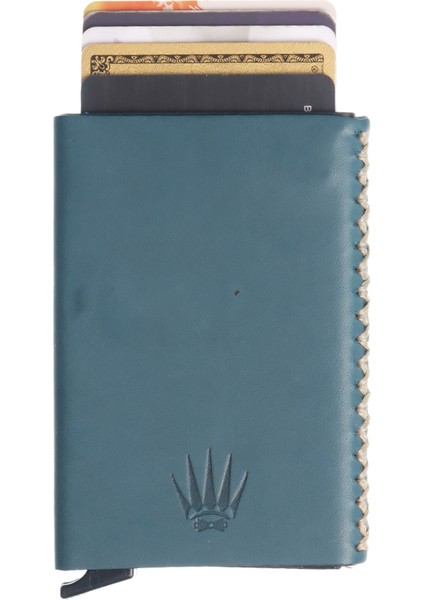 Cortex Slim Buttero Mavi Hakiki Deri Bölmeli Kızaklı Mekanizmalı Kartlık