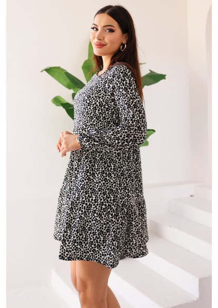 Kadın Siyah Beyaz Çiçekli Desenli Uzun Kollu Mini Elbise - Kadın Elbise fiyatları